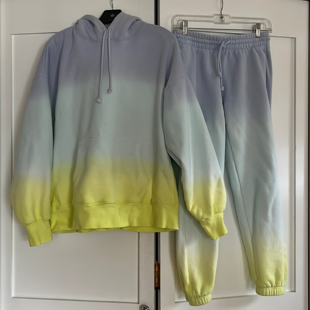 Pale blue and yellow omber sweatsuit. Sweatshirt size 2, sweatpants size XS